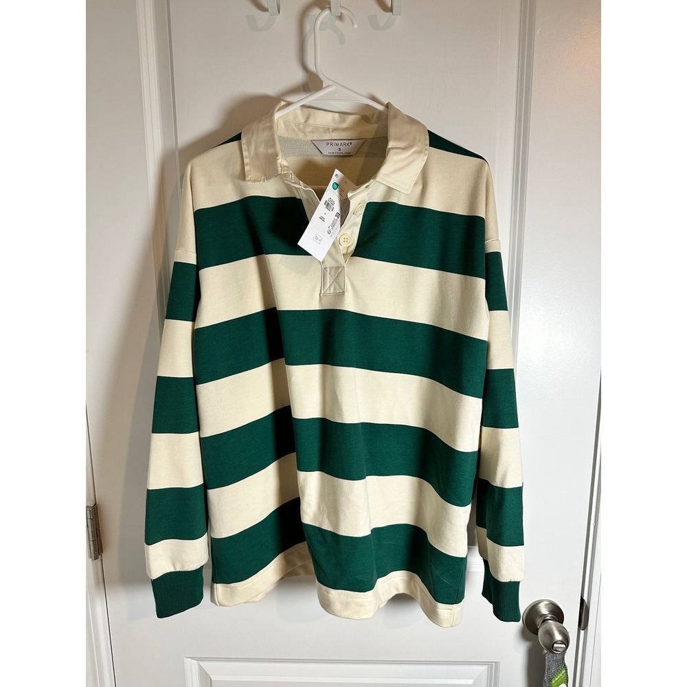 Primark Womens Oversized Long Sleeve Striped Rugby Shirt Green Cream Collared S